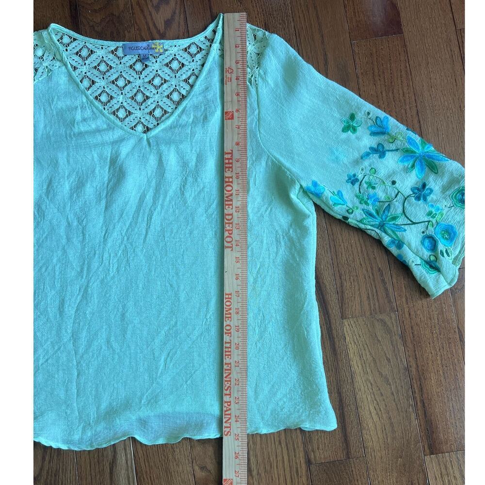 Figueroa & Flower Embroidered Blouse V-Neck, Bell Sleeve Green/Blue size Medium - Picture 7 of 14